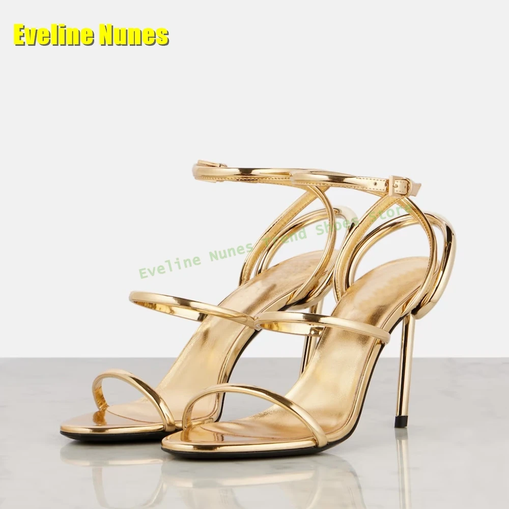 Strappy Heeled Sandals - Golden Strappy Metallic Leather Sandals Round