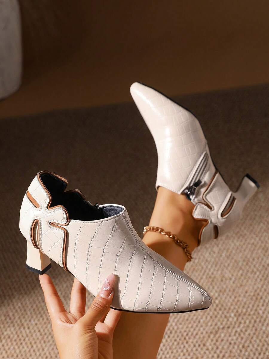 Women'S Shoes Crocs - White Croc-Embossed Pointed Toe Block Heel